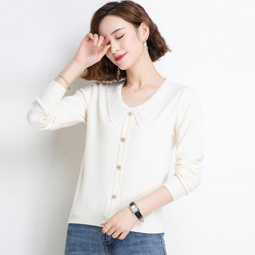上海旗袍厂PY-92021 秋季新款镂空翻领复古宽松女上衣甜美减龄长袖百搭针织衫 商品图3