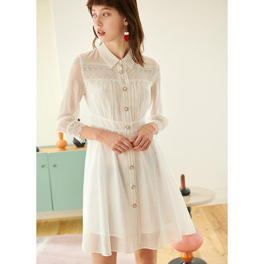 欧芮儿款新款七分袖刺绣蕾丝连衣裙女中长款衬衫白色A字裙 商品图1
