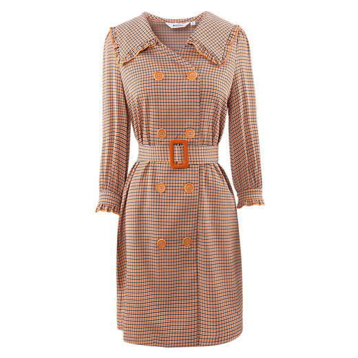 欧芮儿春新款七分袖格子连衣裙女中长款收腰双排扣A字裙 商品图4