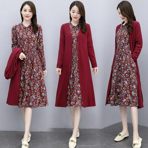 MQQ-6626碎花棉麻连衣裙女秋装2020新款薄款收腰显瘦休闲长裙两件套 商品图2