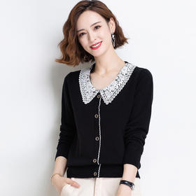 上海旗袍厂PY-92021 秋季新款镂空翻领复古宽松女上衣甜美减龄长袖百搭针织衫