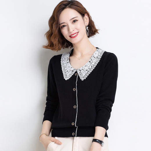 上海旗袍厂PY-92021 秋季新款镂空翻领复古宽松女上衣甜美减龄长袖百搭针织衫 商品图0