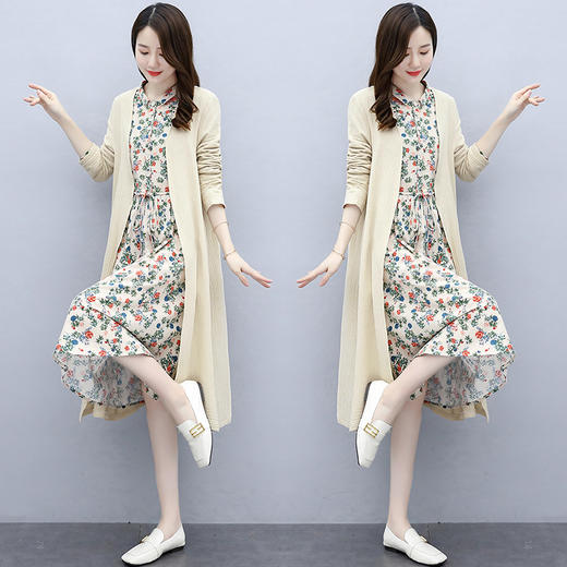 MQQ-6626碎花棉麻连衣裙女秋装2020新款薄款收腰显瘦休闲长裙两件套 商品图3