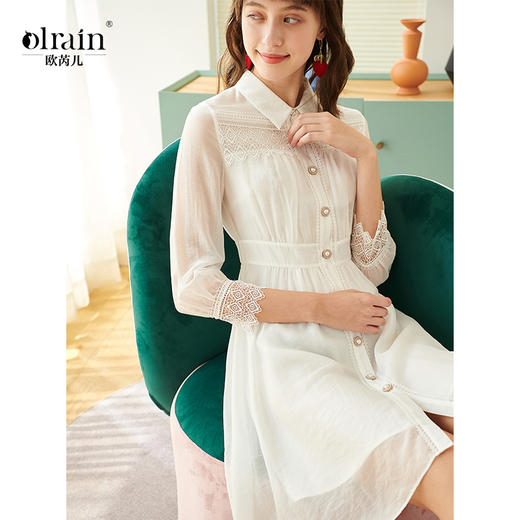 欧芮儿款新款七分袖刺绣蕾丝连衣裙女中长款衬衫白色A字裙 商品图0
