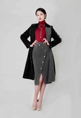 拼接撞色翻领风衣（附腰带）