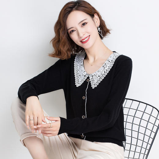 上海旗袍厂PY-92021 秋季新款镂空翻领复古宽松女上衣甜美减龄长袖百搭针织衫 商品图2