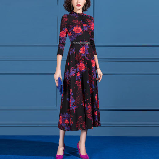 SSGS-42157长袖连衣裙秋冬中长款收腰显瘦印花A字大摆裙子 商品图2