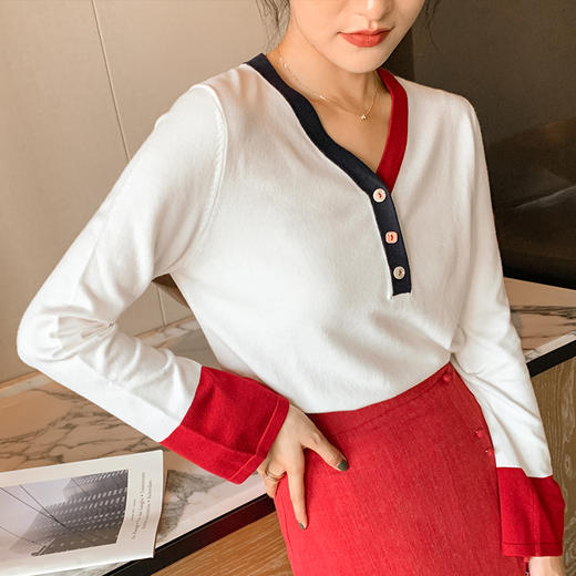 欧芮儿长袖V领短款针织衫女新品百搭套头薄款上衣ins 商品图0