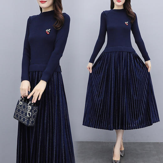 MQQ-A142C563长款气质收腰显瘦针织百褶打底连衣裙 商品图3