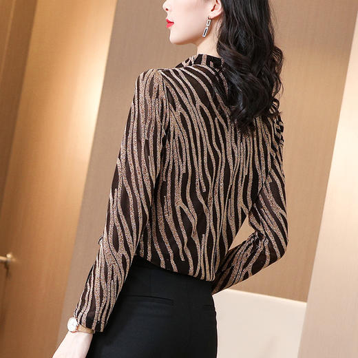 SS-08-0634金色斜条纹长袖打底衫亮丝立领T恤紧身网纱衫 商品图3