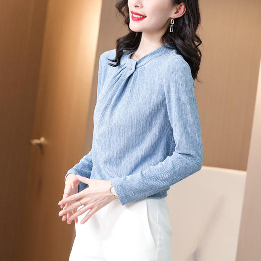 SS-	08-0619针织打底衫女褶皱圆领上衣修身显瘦内搭外穿长袖T恤 商品图0