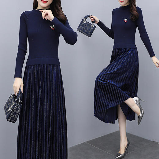 MQQ-A142C563长款气质收腰显瘦针织百褶打底连衣裙 商品图0