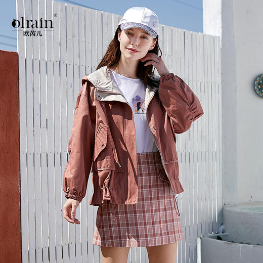 欧芮儿春新品长袖宽松短款拉链刺绣连帽风衣女工风外套 商品图0