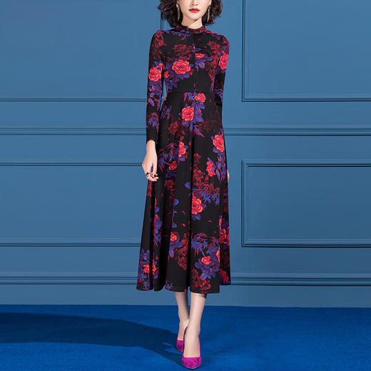 SSGS-42157长袖连衣裙秋冬中长款收腰显瘦印花A字大摆裙子 商品图1