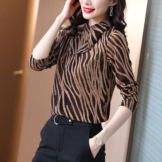 SS-08-0634金色斜条纹长袖打底衫亮丝立领T恤紧身网纱衫 商品图2