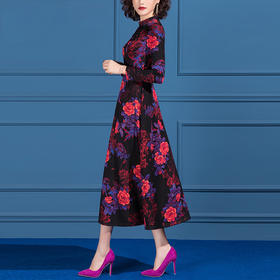 SSGS-42157长袖连衣裙秋冬中长款收腰显瘦印花A字大摆裙子