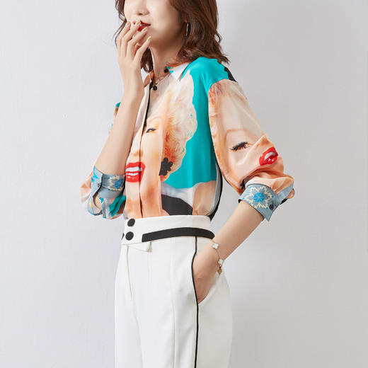 SS-C9230港味印花真丝衬衫女翻领长袖慵懒桑蚕丝衬衣 商品图1