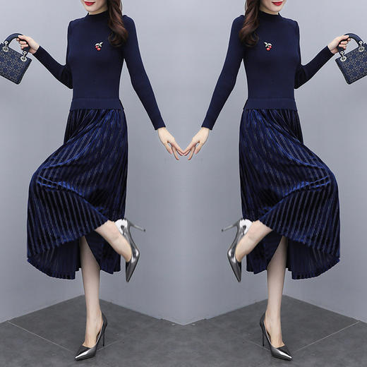 MQQ-A142C563长款气质收腰显瘦针织百褶打底连衣裙 商品图2