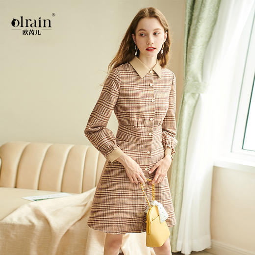 欧芮儿2020春装新款长袖英伦风格子连衣裙女中长款气质收腰显瘦 商品图0