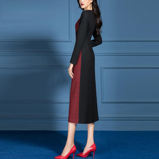 SSGS-M046秋装新款长袖修身黑色拼接毛呢连衣裙 商品图2