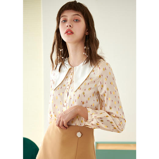 欧芮儿春新款长袖印花雪纺衬衫女设计感小众休闲复古上衣 商品图1