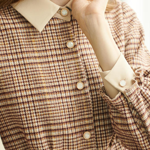 欧芮儿2020春装新款长袖英伦风格子连衣裙女中长款气质收腰显瘦 商品图3