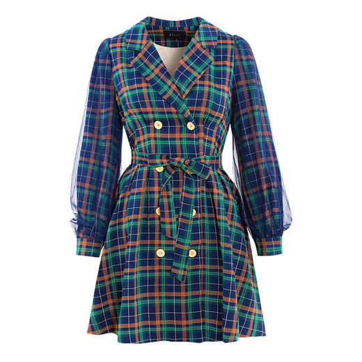 欧芮儿格子西领连衣裙女中长款早新品长袖收腰风衣型裙子 商品图3