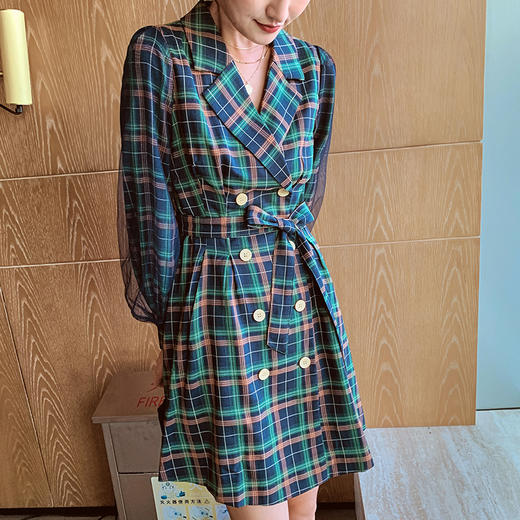 欧芮儿格子西领连衣裙女中长款早新品长袖收腰风衣型裙子 商品图0