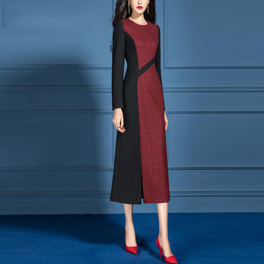 SSGS-M046秋装新款长袖修身黑色拼接毛呢连衣裙 商品图0
