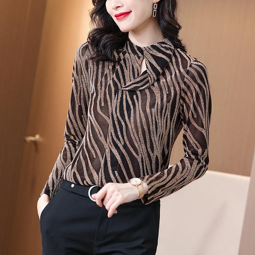 SS-08-0634金色斜条纹长袖打底衫亮丝立领T恤紧身网纱衫 商品图0