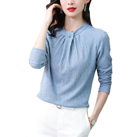 SS-	08-0619针织打底衫女褶皱圆领上衣修身显瘦内搭外穿长袖T恤 商品图3