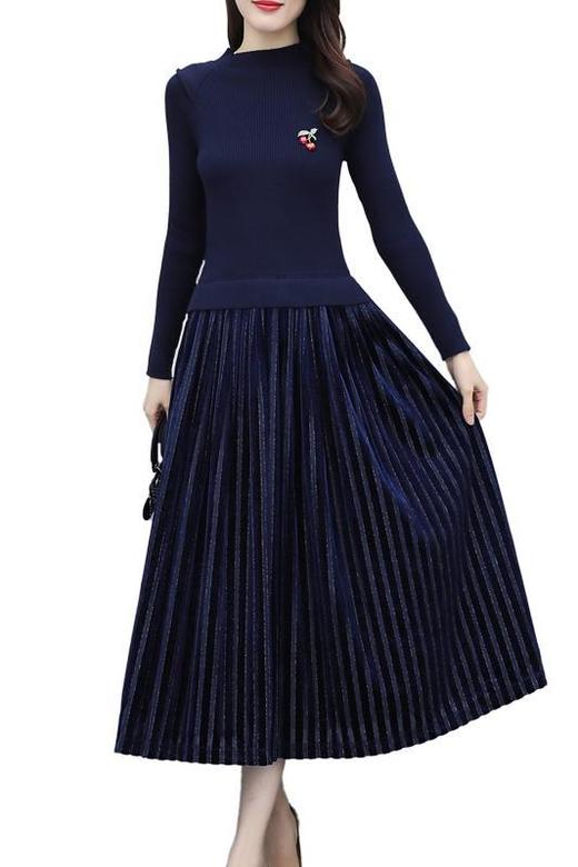 MQQ-A142C563长款气质收腰显瘦针织百褶打底连衣裙 商品图4