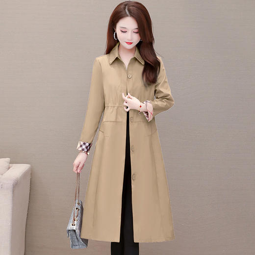 YWE-YDY-CS201秋季纯色收腰单排扣红色百搭韩版直筒修身无腰带气质通勤风衣 商品图2