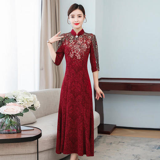 AHM-lfqp9539新款七分袖时尚气质优雅显瘦修身金丝绒连衣裙 商品图1