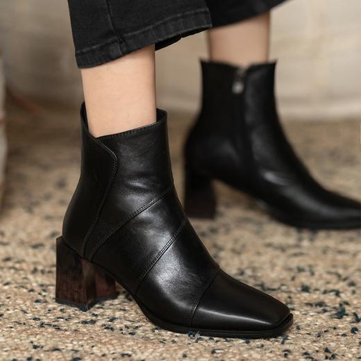 MYL-8231法式复古棕色短靴女粗跟秋冬方头头层牛皮时装靴中跟女靴 商品图2