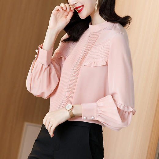SS-12-1905气质显瘦上衣粉色甜美桑蚕丝衬衣灯笼袖真丝衬衫 商品图1