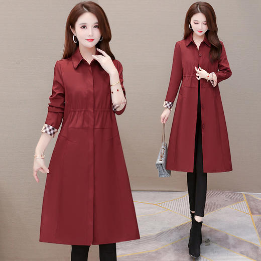 YWE-YDY-CS201秋季纯色收腰单排扣红色百搭韩版直筒修身无腰带气质通勤风衣 商品图4