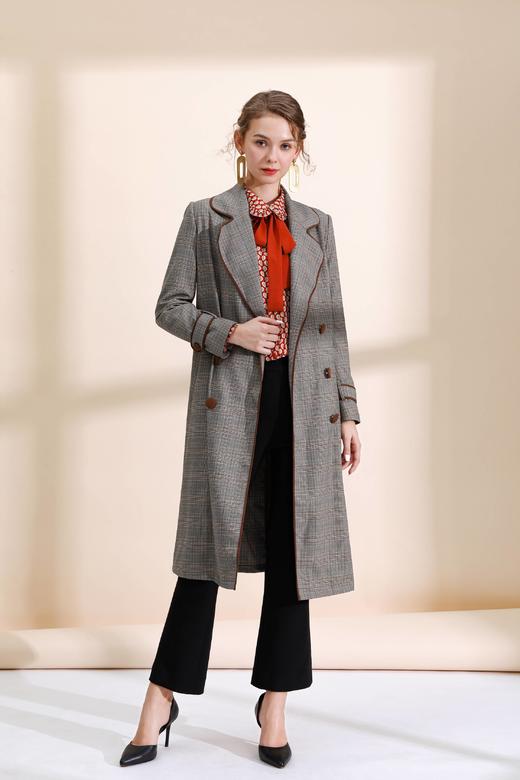 撞色包边双排扣直身风衣（附腰带） 商品图0