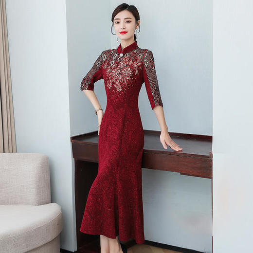 AHM-lfqp9539新款七分袖时尚气质优雅显瘦修身金丝绒连衣裙 商品图2