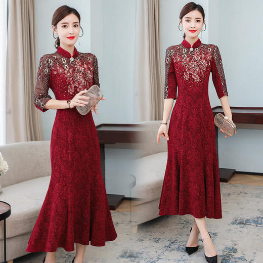 AHM-lfqp9539新款七分袖时尚气质优雅显瘦修身金丝绒连衣裙 商品图0