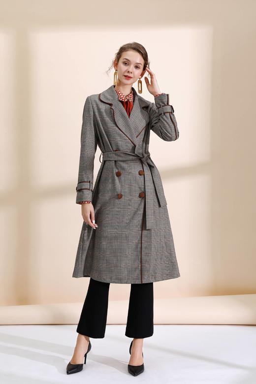 撞色包边双排扣直身风衣（附腰带） 商品图1