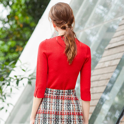 欧芮儿新年红色毛衣女春装女新款五分袖针织衫女显瘦毛衫 商品图2