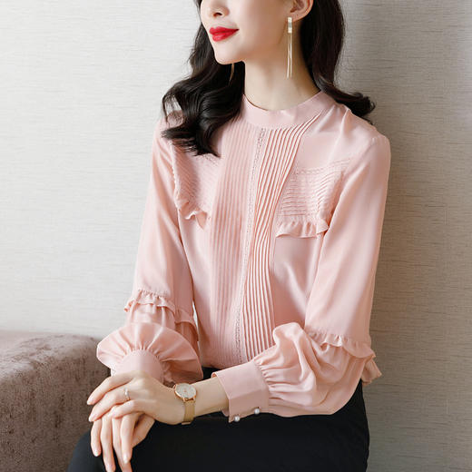 SS-12-1905气质显瘦上衣粉色甜美桑蚕丝衬衣灯笼袖真丝衬衫 商品图2