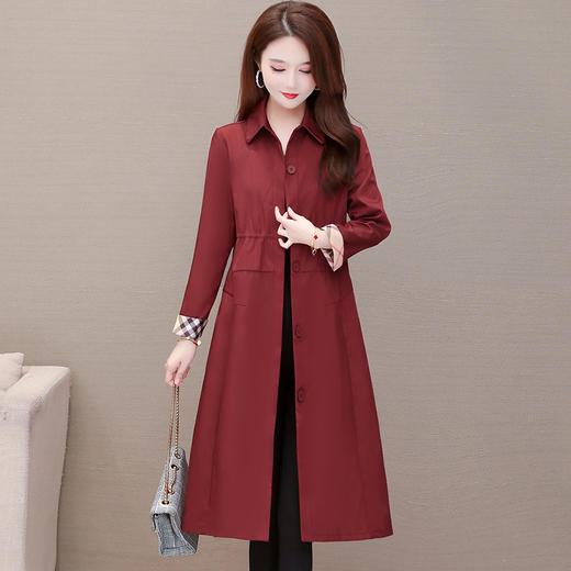 YWE-YDY-CS201秋季纯色收腰单排扣红色百搭韩版直筒修身无腰带气质通勤风衣 商品图0