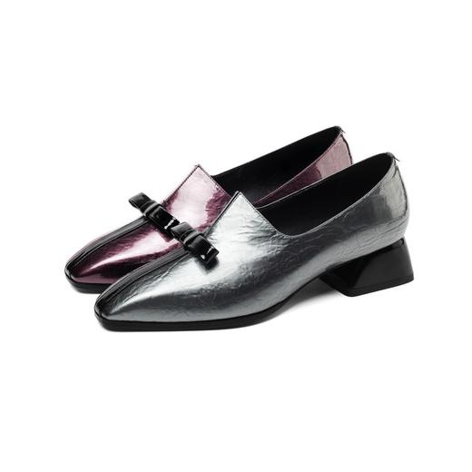 MYL-A83-2秋季蝴蝶结中跟女鞋头层牛皮方头女式单鞋牛筋底深口低帮鞋 商品图4