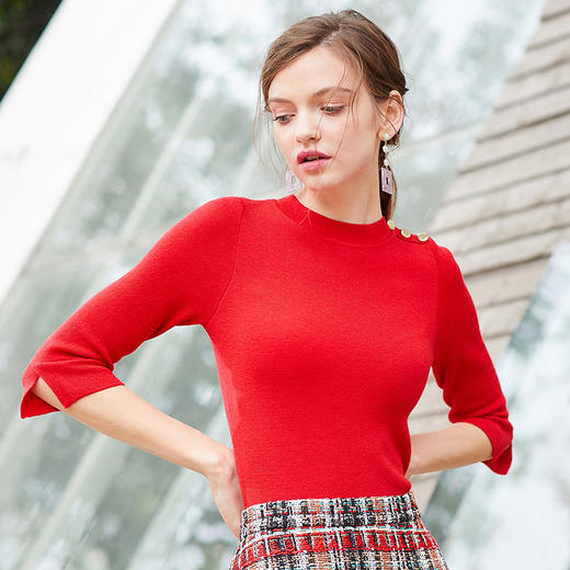 欧芮儿新年红色毛衣女春装女新款五分袖针织衫女显瘦毛衫 商品图1