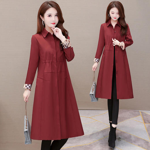 YWE-YDY-CS201秋季纯色收腰单排扣红色百搭韩版直筒修身无腰带气质通勤风衣 商品图3