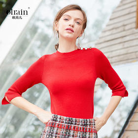 欧芮儿新年红色毛衣女春装女新款五分袖针织衫女显瘦毛衫