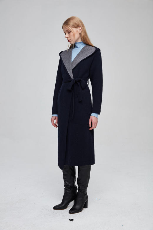 【返场大衣】jefen/吉芬 修身中长款系腰带 带帽针织风衣