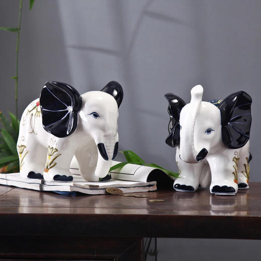 手彩青花 象地中海花型 新中式电视柜酒柜客厅玄关家居装饰品工艺品摆件 时尚 精美 大象 摆件 商品图7